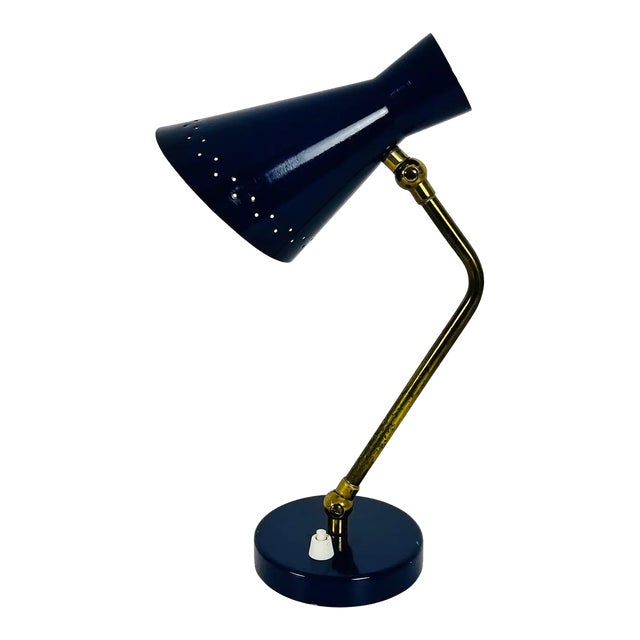 Italian Stilnovo Blue and Brass Table Lamp, 1960s, Italy For Sale