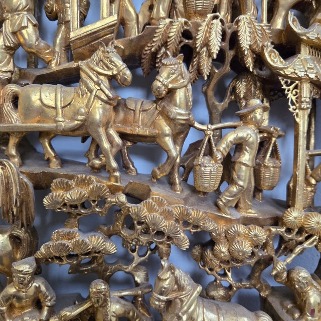 Antique Chinese Giltwood Panel Relief Carving Landscape Scene Red Lacquer Borders and Back For Sale - Image 6 of 18