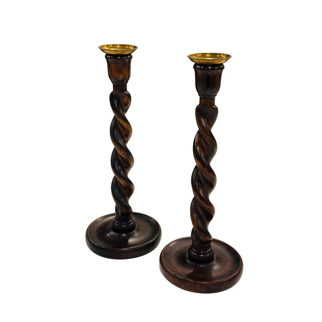 Antique English Oak Barley Twist Candlesticks with Brass Bobeches – Victorian / Edwardian Traditional Decor, Pair...