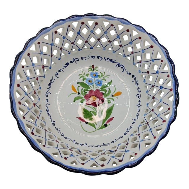 Mid 20th Century Vintage Ceramic Basket Portugal White Blue Floral Italian Farmhouse Cottagecore For Sale