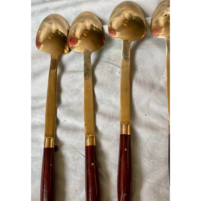 Mid 20th Century Set of 5 Rosewood & Brass Ice Iced Tea Drink Spoons Flatware For Sale - Image 9 of 9