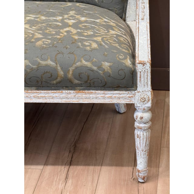 19th Century Swedish Gustavian Painted Settee With Fortuny Upholstery For Sale - Image 6 of 9
