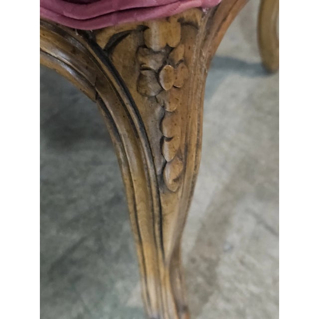 Pair of Late 20th Century Provincial French Country Walnut Carved Arm Chairs Rose Silk Damask Fabric For Sale - Image 13 of 13