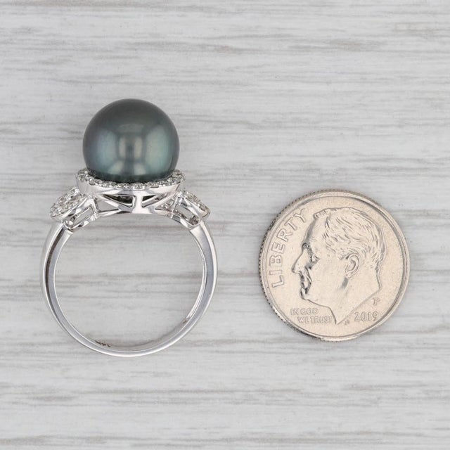 Metal New Tahitian Black Pearl 0.55ctw Diamond Halo Ring 14k White Gold Size 7 For Sale - Image 7 of 7