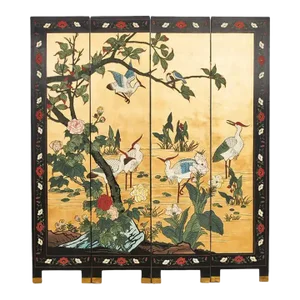 Chinese Export Four Panel Coromandel Screen Cranes on Gold Leaf