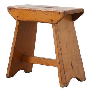 Rustic Pine Stool with Cut-Out Trestle Legs, Sweden, 1920 For Sale