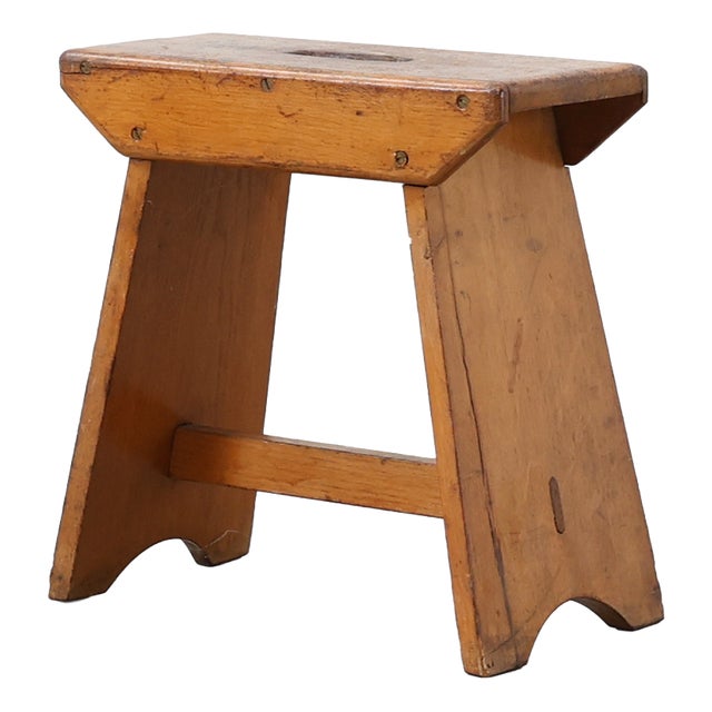 Rustic Pine Stool with Cut-Out Trestle Legs, Sweden, 1920 For Sale