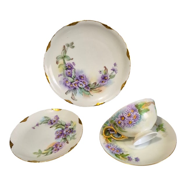 Vintage r.c. Versailles Bavaria Painted Gilded Purple Aster Floral Porcelain 4piece Tea Set For Sale