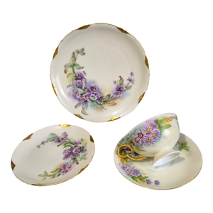 Vintage r.c. Versailles Bavaria Painted Gilded Purple Aster Floral Porcelain 4piece Tea Set