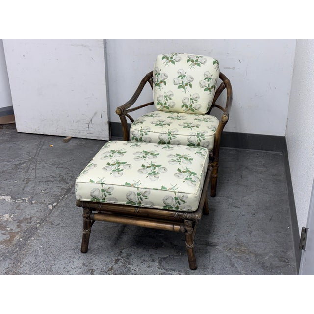 1970s McGuire Furniture Bamboo Chair + Ottoman, Circa 1970s For Sale - Image 5 of 12