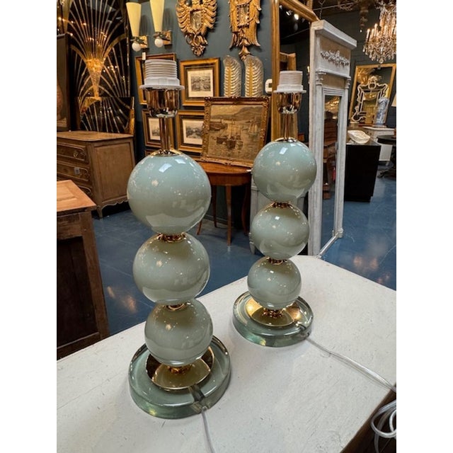 Modern Pair of Pale Blue Murano Glass Ball Form Lamps For Sale - Image 3 of 6