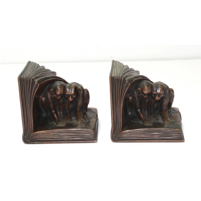Art Deco Monkey Bookends 1920s Rare Evolution Controversy Jennings Brothers- A Pair For Sale - Image 3 of 13