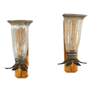 Pair Mid-Century Modern French Style Fleur-de-lis Crackled Glass Wall Sconces