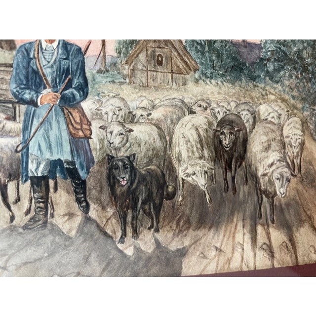 Antique Original Sheep Herder Farmer Landscape Animal Watercolor Painting Art For Sale In New York - Image 6 of 10