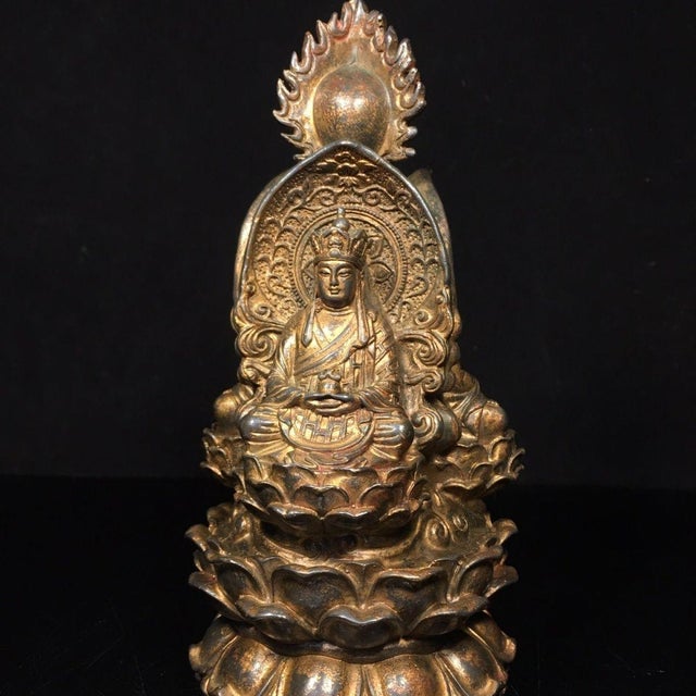 Traditional Late 19th Century Gilt Bronze Three-Faced Buddha Statue, Saha Trinity, 1.6kg For Sale - Image 3 of 9