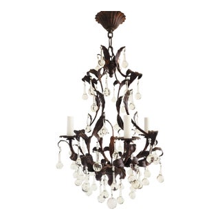 1950s French Style Wrought Iron & Tole Chandelier With Crystals For Sale