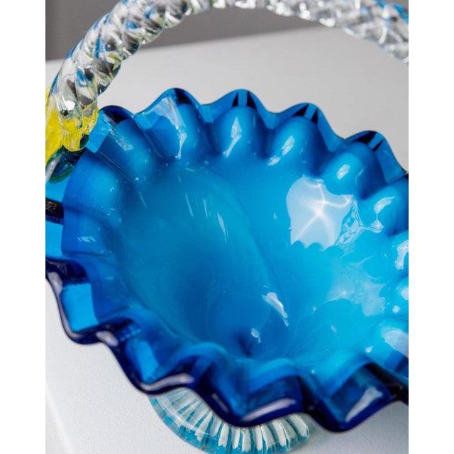 Mid-Century Blue and Yellow Murano Glass Bowl with Handle, Italy, 1970s For Sale - Image 9 of 13