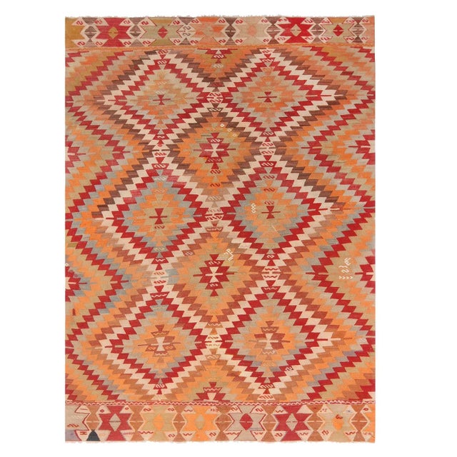 Vintage Mid-Century Diamond Golden Yellow and Red Wool Kilim Rug With Multicolor Accents For Sale In New York - Image 6 of 6