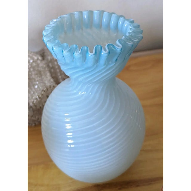 American Early 20th Century Swirled Ribbed & Crimped Glass Baby Blue to White Ombre Vase For Sale - Image 3 of 4