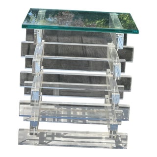 1970s Share Stacked Lucite Side End Table With Glass Top For Sale
