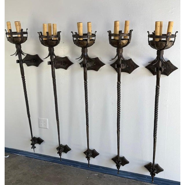 Spanish Set of Five Spanish Wrought Iron Sconces For Sale - Image 3 of 12