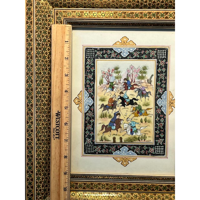 Oriental Indo Syrian Gouache Polo Game Painting Gilded Brass Micromosaic Frame For Sale In Los Angeles - Image 6 of 7