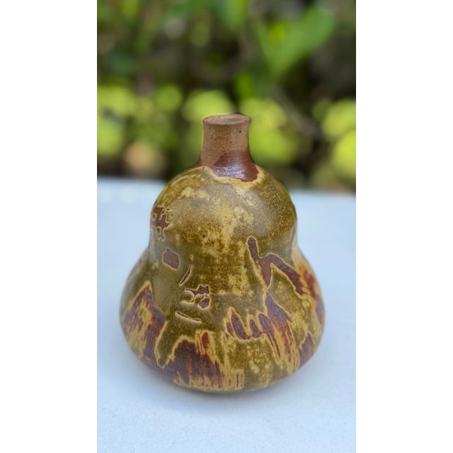 Vintage 5” Organic Studio Pottery Bottle Vase in Olive Drip Glaze For Sale In Naples, FL - Image 6 of 11