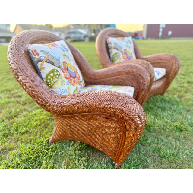 1990s Vintage Pottery Barn Malabar Wicker Lounge Chairs - A Pair For Sale - Image 5 of 12