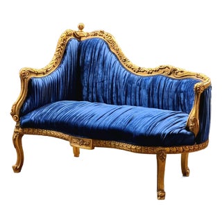 Baroque Style Blue Gold Leaf Settee Sofa – Upholstered Seating With Sculpted Back For Sale