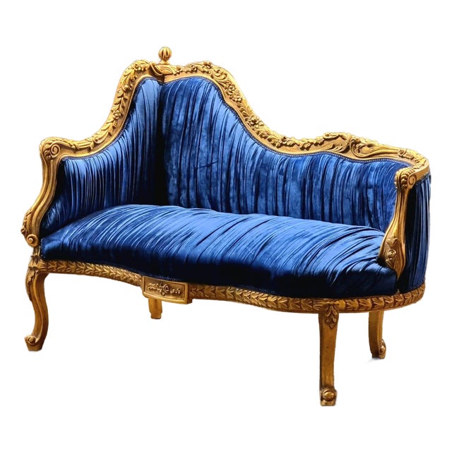 Baroque Style Blue Gold Leaf Settee Sofa – Upholstered Seating With Sculpted Back For Sale