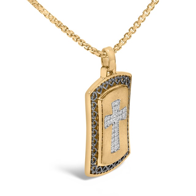 Contemporary 14K Yellow Gold Plated Sterling Silver 1/4 Cttw Diamond Cross Dog Tag Pendant Necklace For Sale - Image 3 of 5