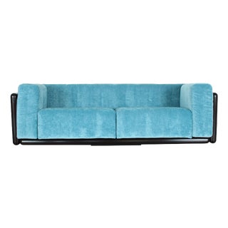 Iroko Cornaro Sofa in Wood and Azure Velvet by Carlo Scarpa for Studio Simon, 1974 For Sale