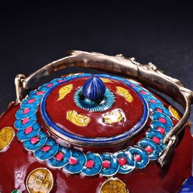 Red Vintage Ming Cloisonne Enamel Teapot – Red Ground Gilt Bat & Coin Motif For Sale - Image 8 of 9