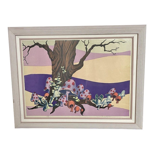1970s Limited Edition Mushrooms Forest Landscape Print, Framed For Sale