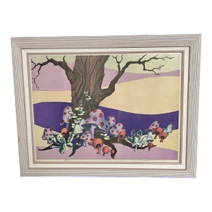 1970s Limited Edition Mushrooms Forest Landscape Print, Framed