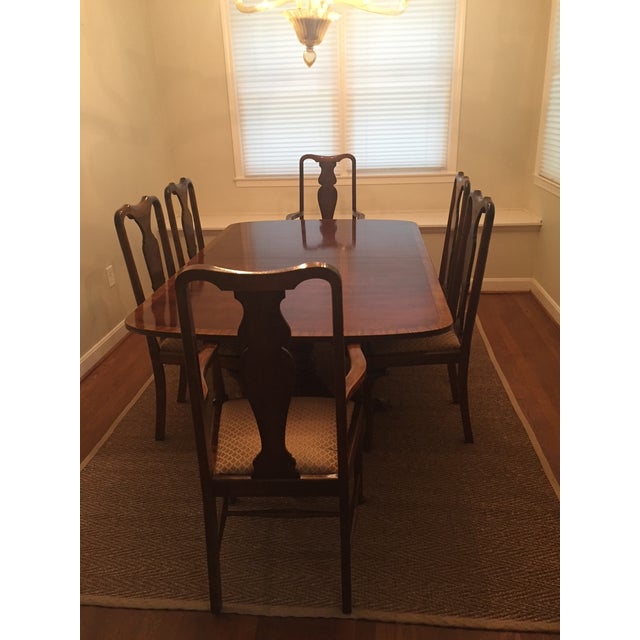 1970s Henredon Double Pedestal Dining Table With Three Extensions and 6