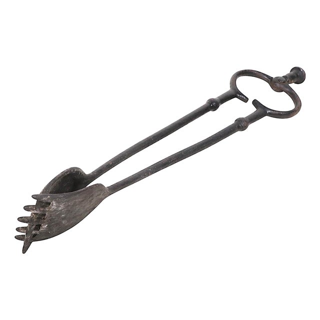 Early 20th Century Unusual Hand Wrought Iron Fireplace Tools Tongs For Sale