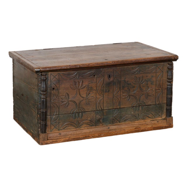 Hungarian Carved Pine Flat Top Trunk Dated 1848 For Sale