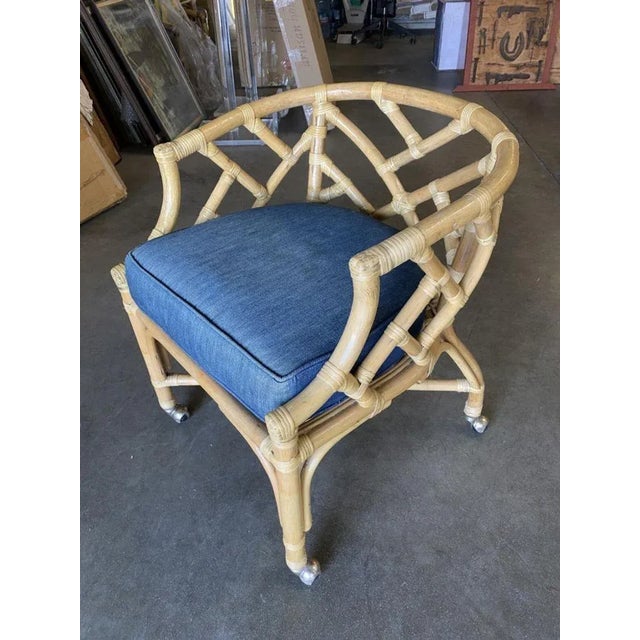 1960s Round Pedestal Table and Geometric Bucket Armchair Rattan Dining Set of 5 For Sale - Image 10 of 12