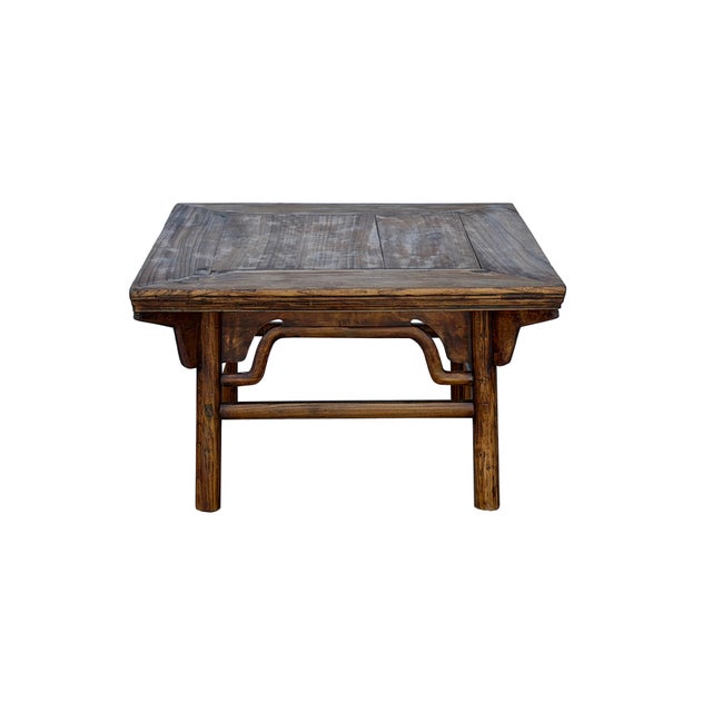 Wood Vintage Rustic Raw Wood-Square Ming Style Apron Low Coffee Table For Sale - Image 7 of 15