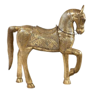 1970s Vintage Solid Wood Horse Statue Cladded With Embossed Brass Foil