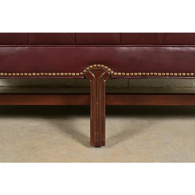 Wood Vintage Chippendale Tufted Oxblood Leather Camelback Chesterfield Sofa by North Hickory Furniture For Sale - Image 7 of 11