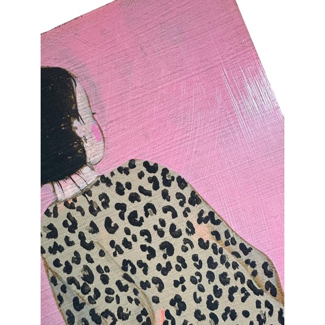 Paint 1970s Original Contemporary Folk Art Painting of Girl in Leopard Print Dress on Pink Background For Sale - Image 7 of 9
