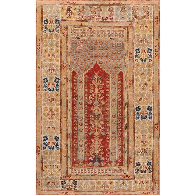 1750s Red Muslim Prayer Geometric AntiqueTurkish Kula Rug 4' 0" X 6' 4" Knotted Wool Carpet For Sale - Image 12 of 12