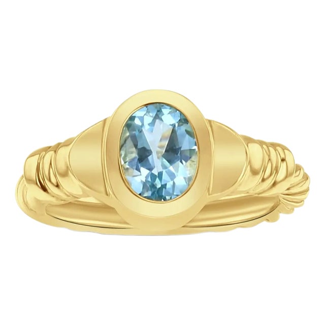 Oval Blue Topaz Solitaire Ring 14k Yellow Gold, Size 8 For Sale