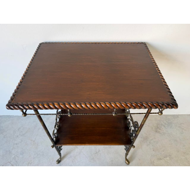Antique Victorian Oak Wood and Brass Two-Tier Accent Table With Twisted Gallery For Sale - Image 9 of 12