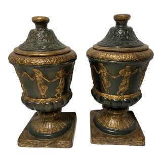 Maitland Smith Style Campagna Frieze Urns - A Pair For Sale