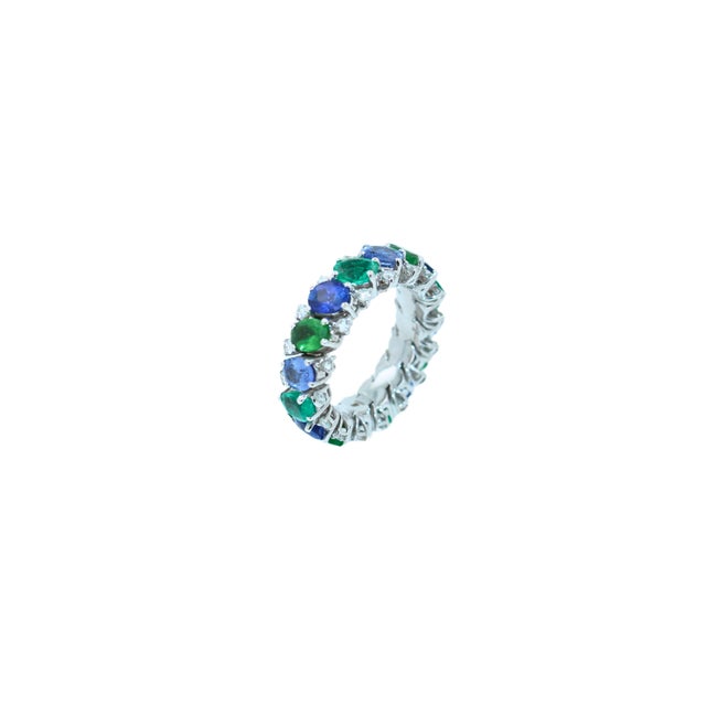 Diamond Emerald Sapphire Tsavorite Flexible Unique Eternity Band White Gold Ring, Size 5 For Sale In Washington DC - Image 6 of 18