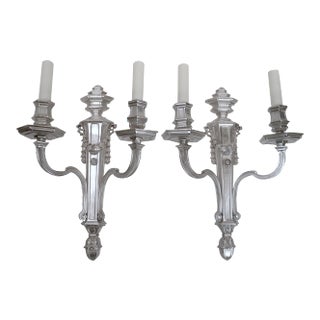 E. F. Caldwell Silvered Bronze Two-Light Georgian Style Sconces - A Pair For Sale