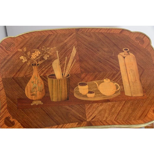 19Th C. French Brass Banded Marquetry Inlay Tea Table With Japanned Motif, C.1880 For Sale In West Palm - Image 6 of 9